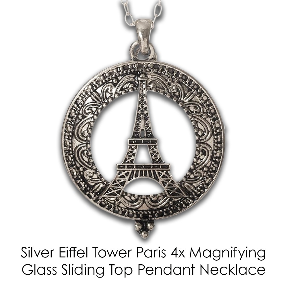 Silver Eiffel Tower Paris 4x Magnifying Glass Sliding Top Pendant Necklace